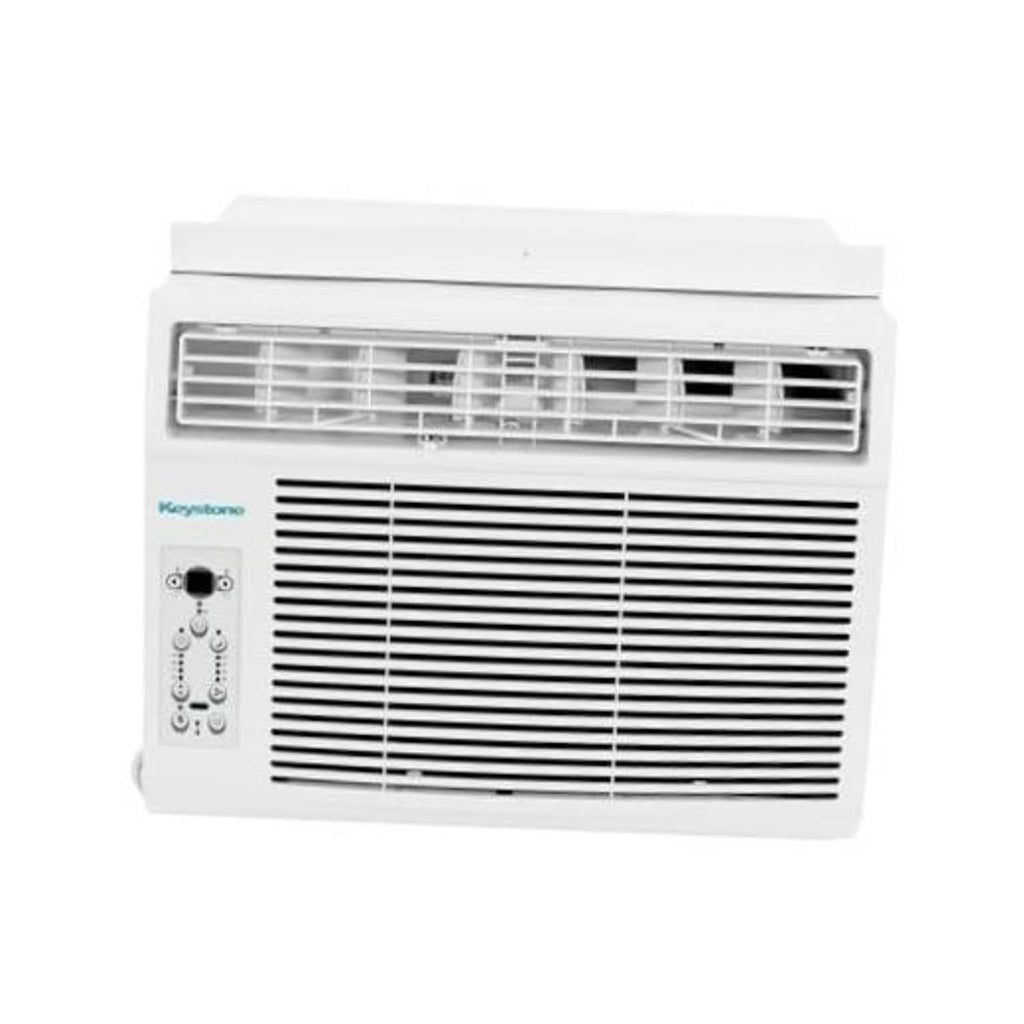White window air conditioner unit with front grille and side control panel