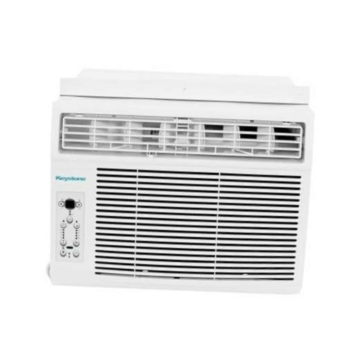White window air conditioner unit with front grille and side control panel