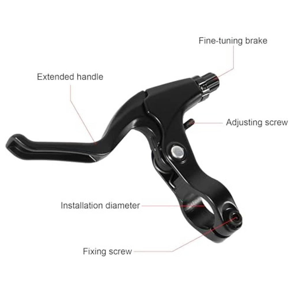 Black bicycle brake lever with labeled adjustment screw, fixing screw, and installation diameter