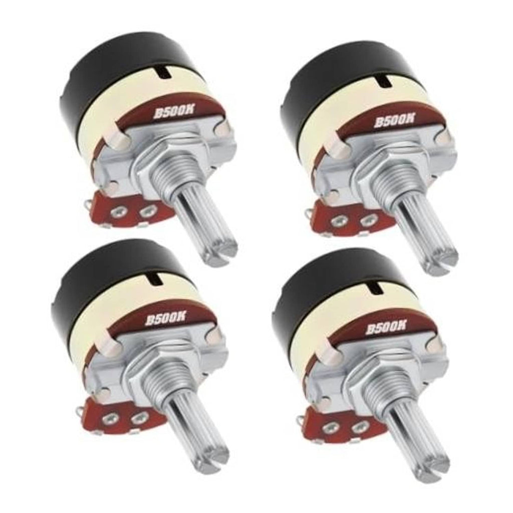 Set of four rotary potentiometers with black knobs and silver threaded shafts