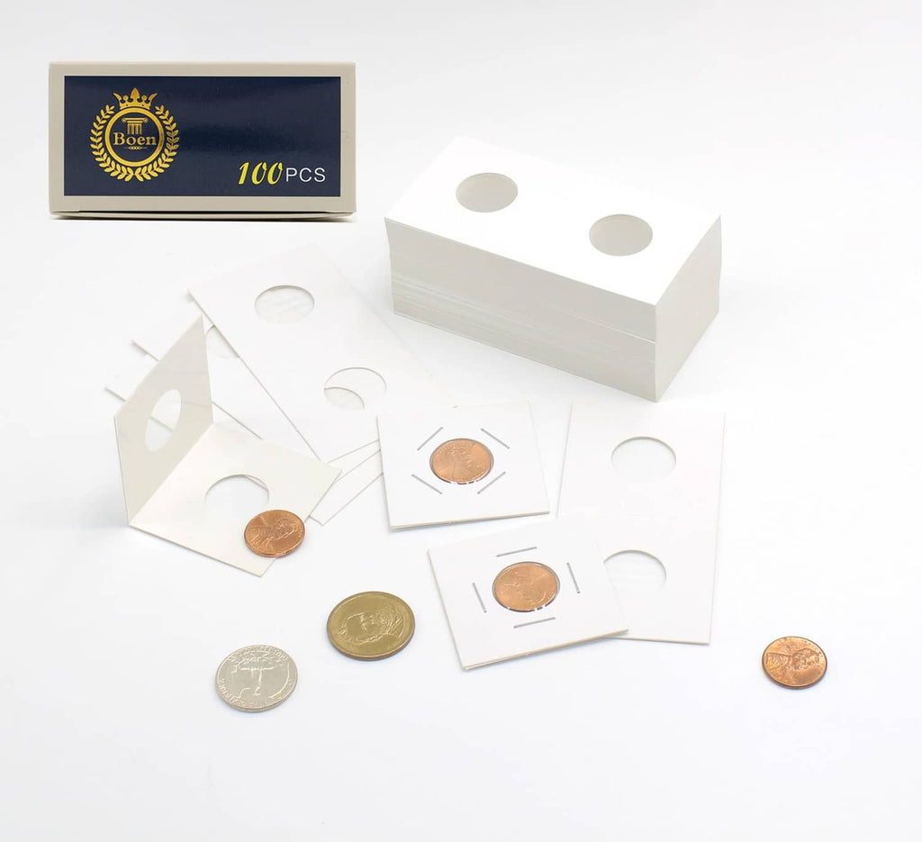 Coin flip pack with 100pcs box, multiple white sleeves, and oval coin openings