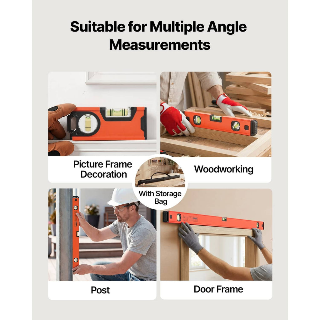 Orange torpedo level set with bubble vials shown for woodworking and door frame alignment