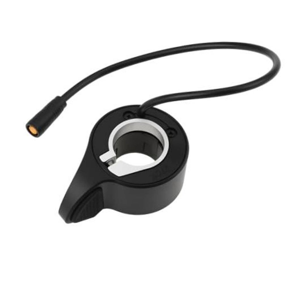 Black thumb throttle with circular mounting ring and cable with orange-tipped end