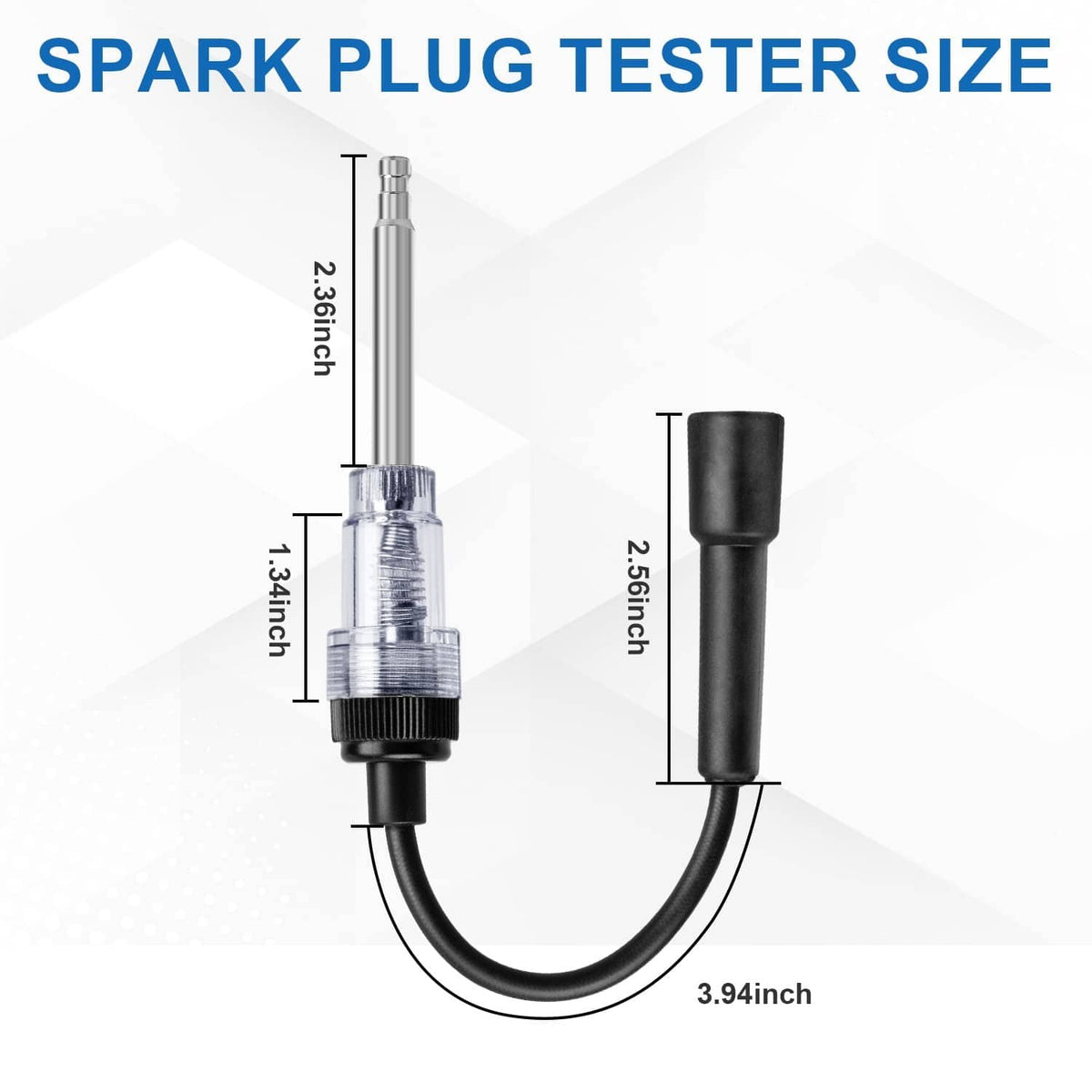 Spark plug tester size diagram with black cable and red bulb