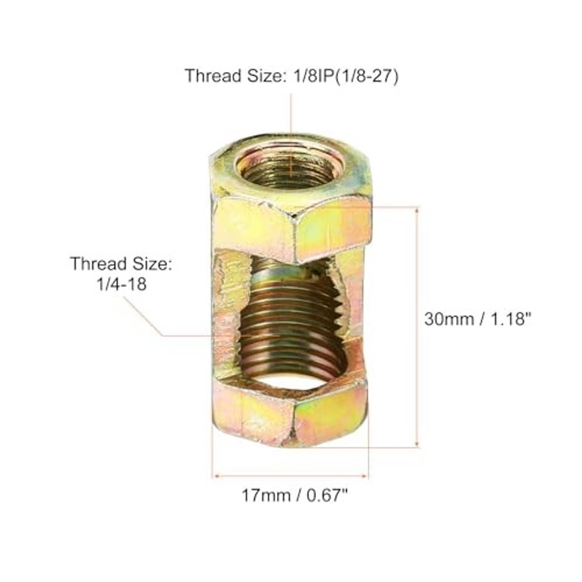 Single hex coupling nut connector with internal threads and zinc-plated yellow finish