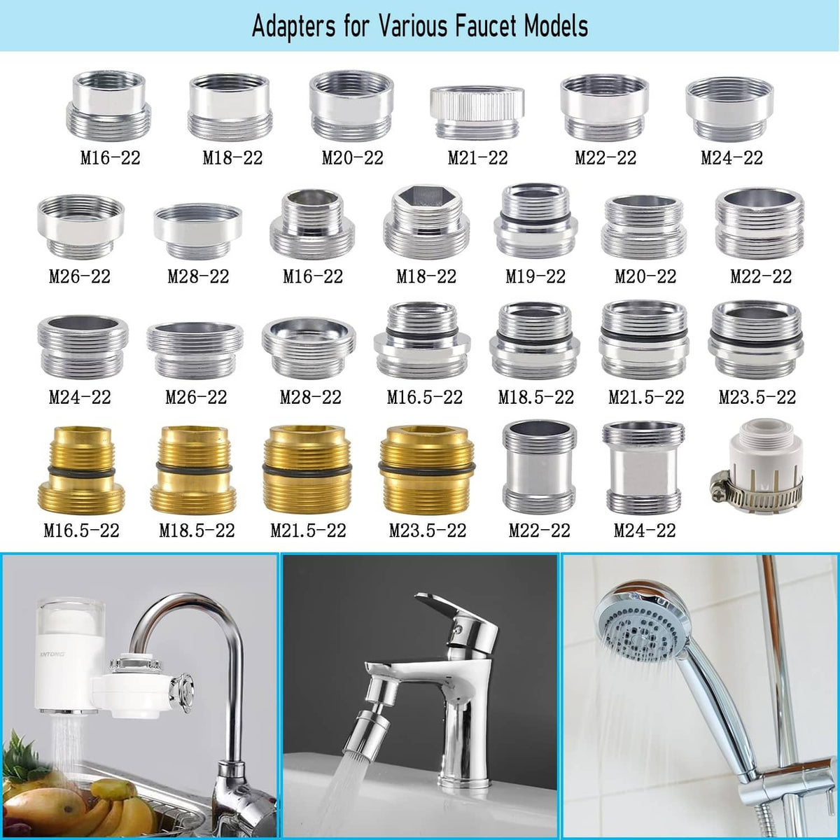 Assorted faucet aerator adapter thread fittings for various faucet models