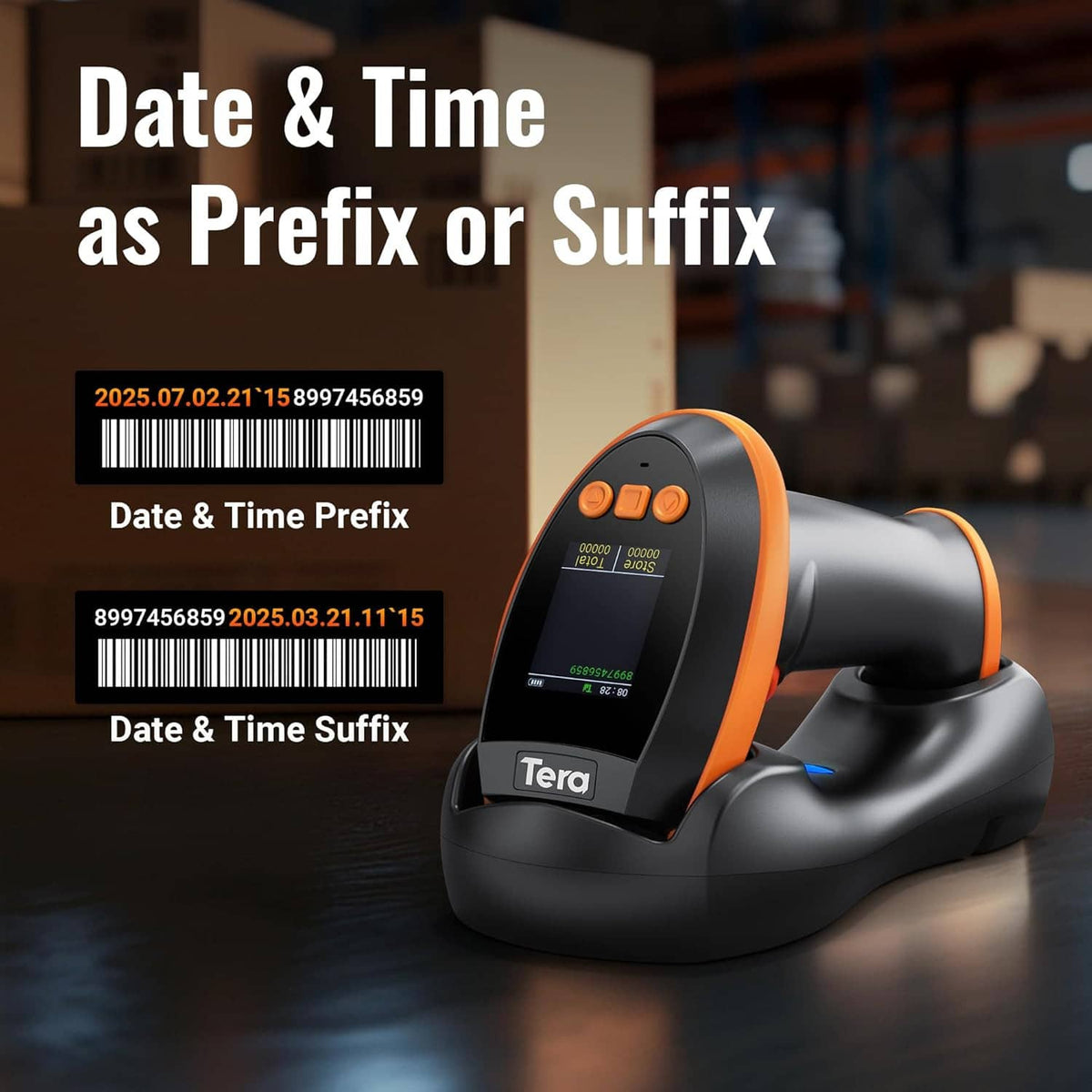 Barcode scanner with display panel and date-time prefix barcode label