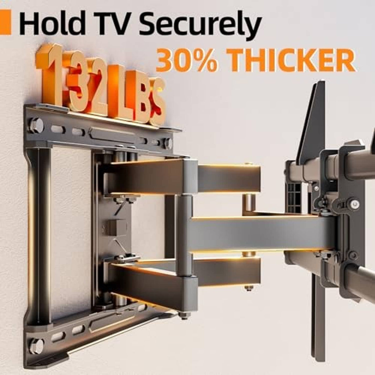 Full-motion TV wall mount with tilt arm secured to wall bracket, hardware visible