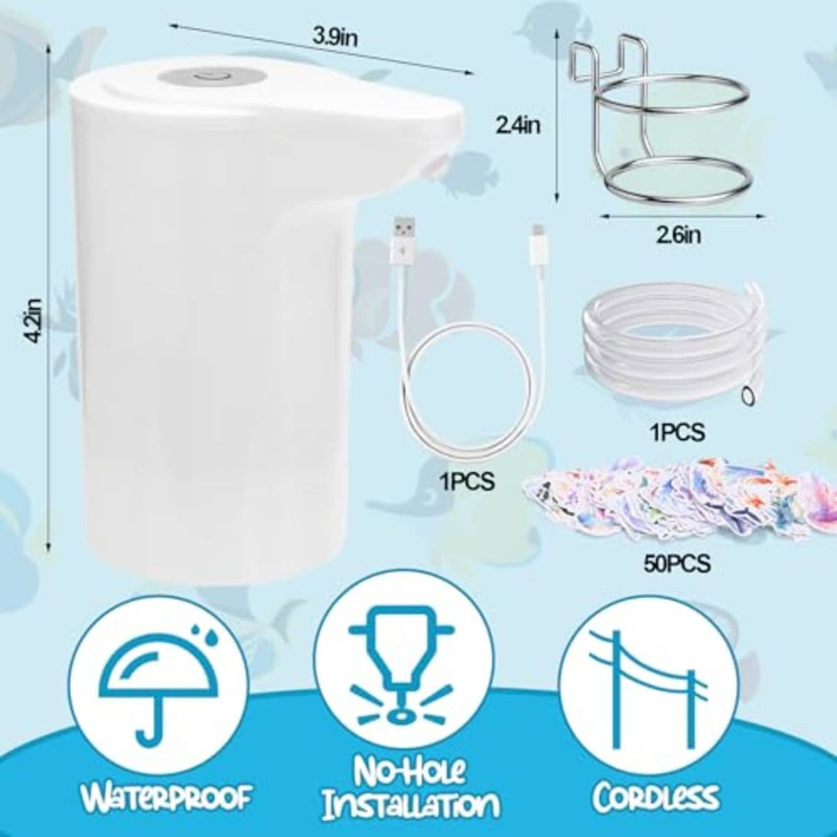 Cordless waterproof water pump with metal bracket, clear tube coil, and accessory set