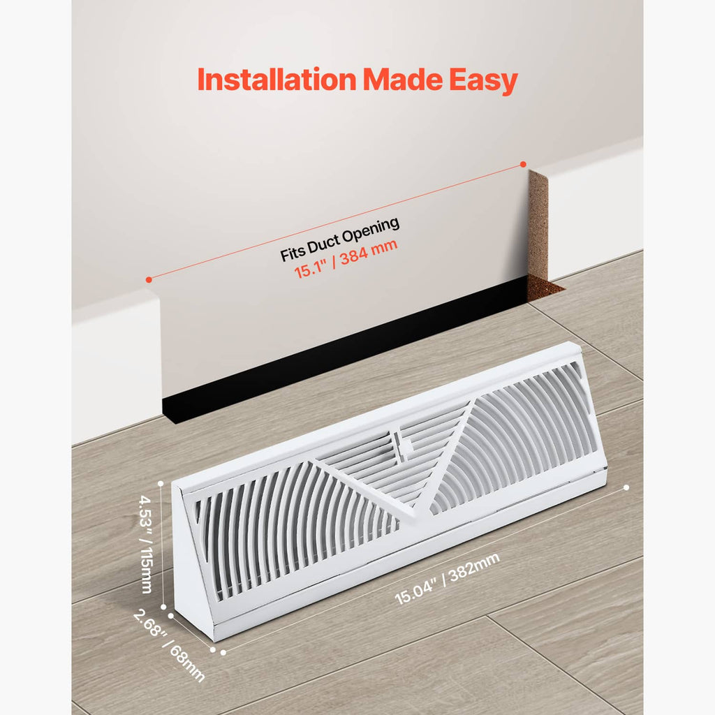 White 15-inch floor register HVAC vent with slatted grille and side dimensions shown.
