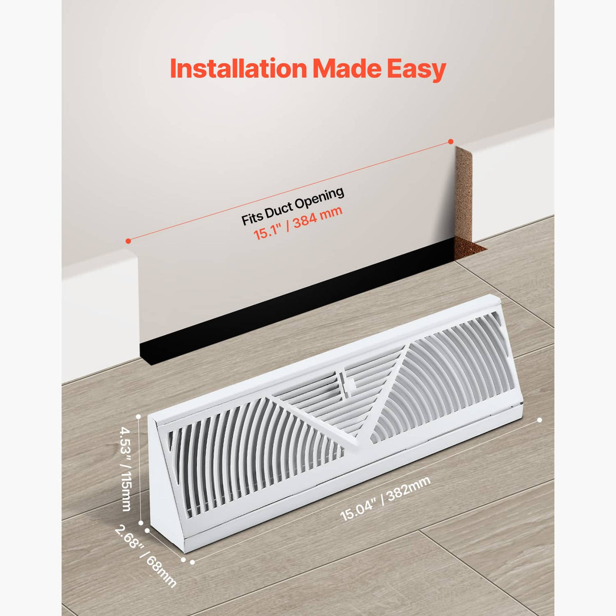 White 15-inch floor register HVAC vent with slatted grille and side dimensions shown.