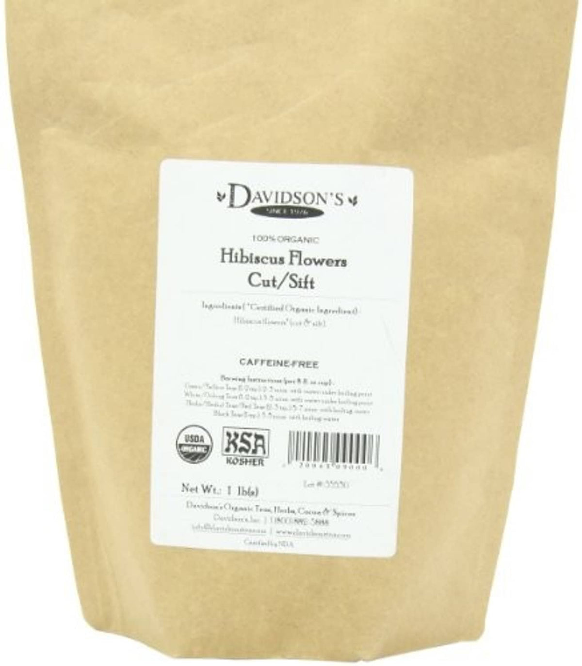Davidson's Organics hibiscus flowers tea pouch back with USDA Organic and KSA