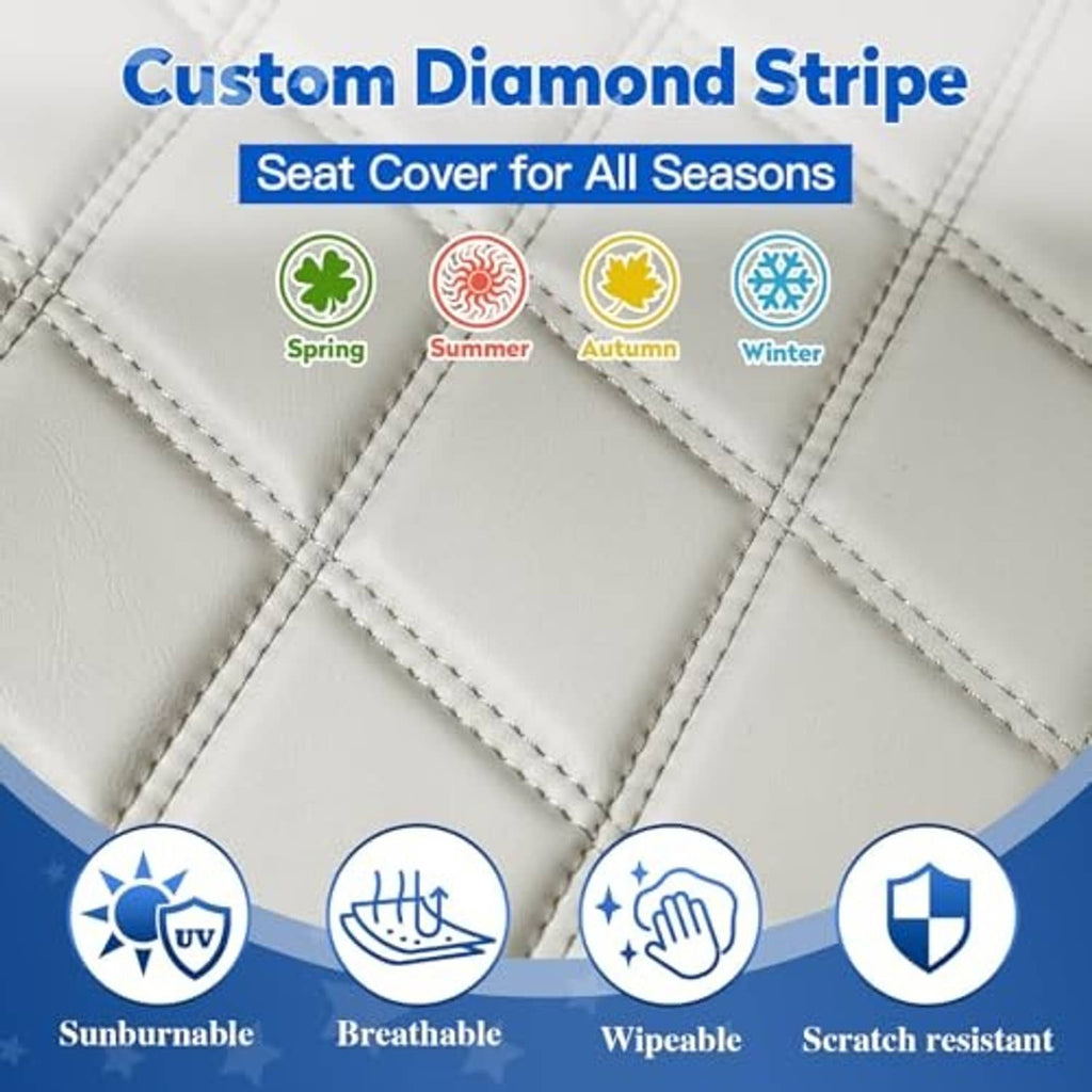 Quilted oyster-gray seat cover with diamond seams, contrast stitching, and smooth black insert