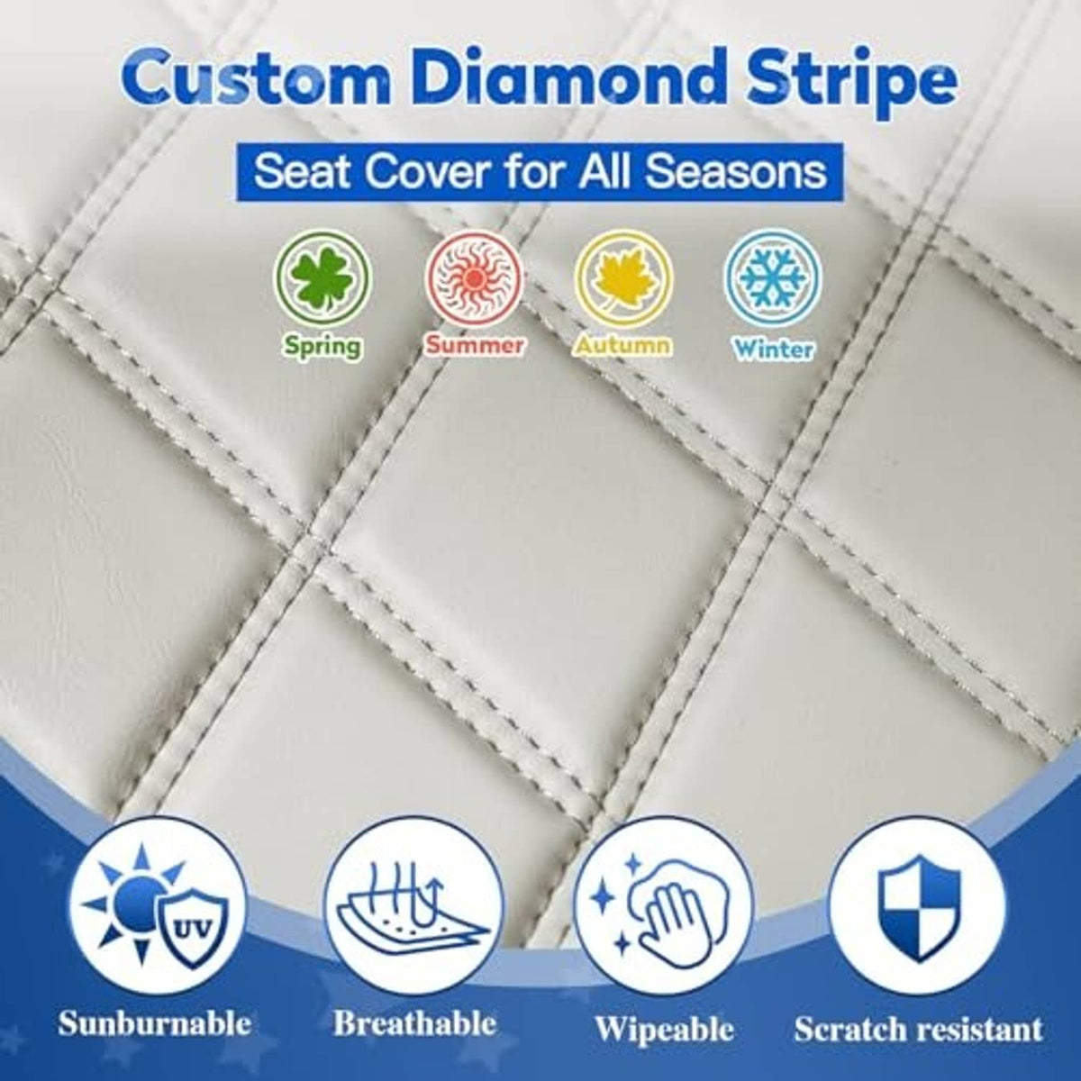 Quilted oyster-gray seat cover with diamond seams, contrast stitching, and smooth black insert