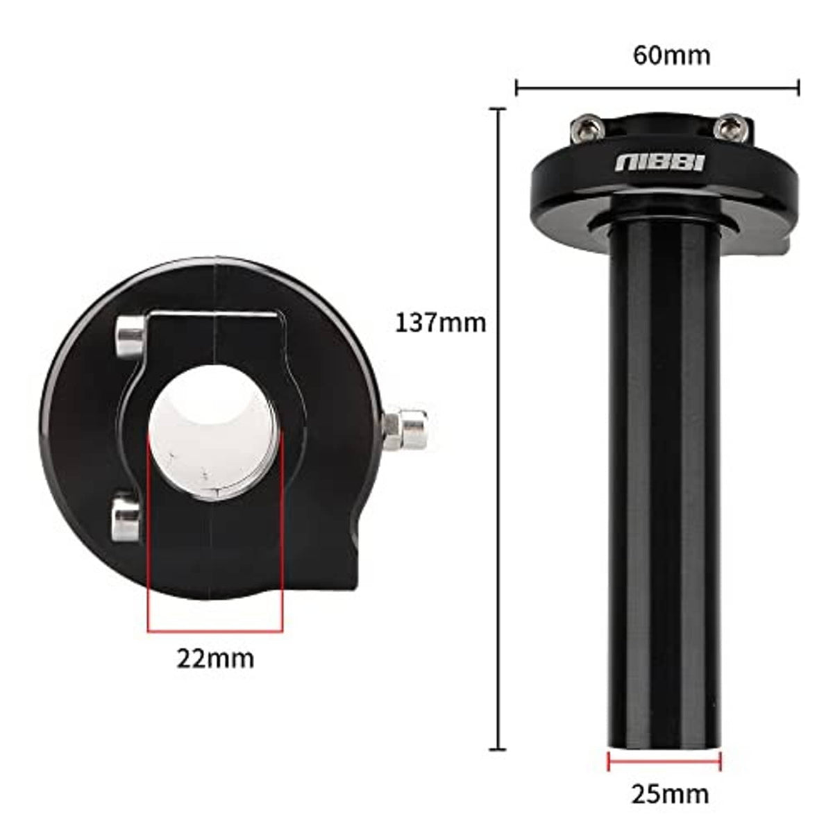 Motorcycle throttle assembly with dimensions shown: black control housing and grip
