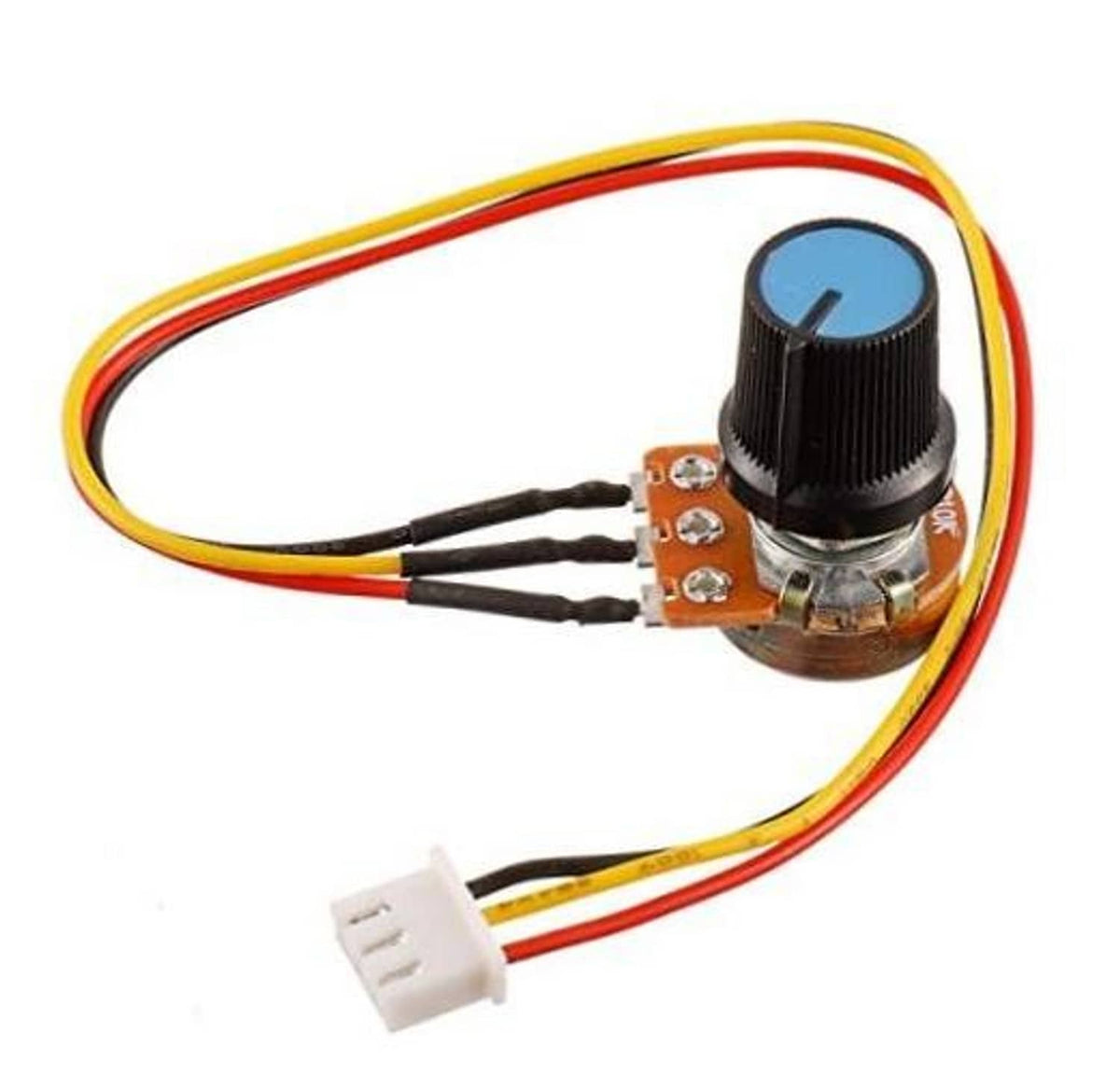 Rotary linear taper potentiometer with knurled shaft, blue cap, and 3 terminals