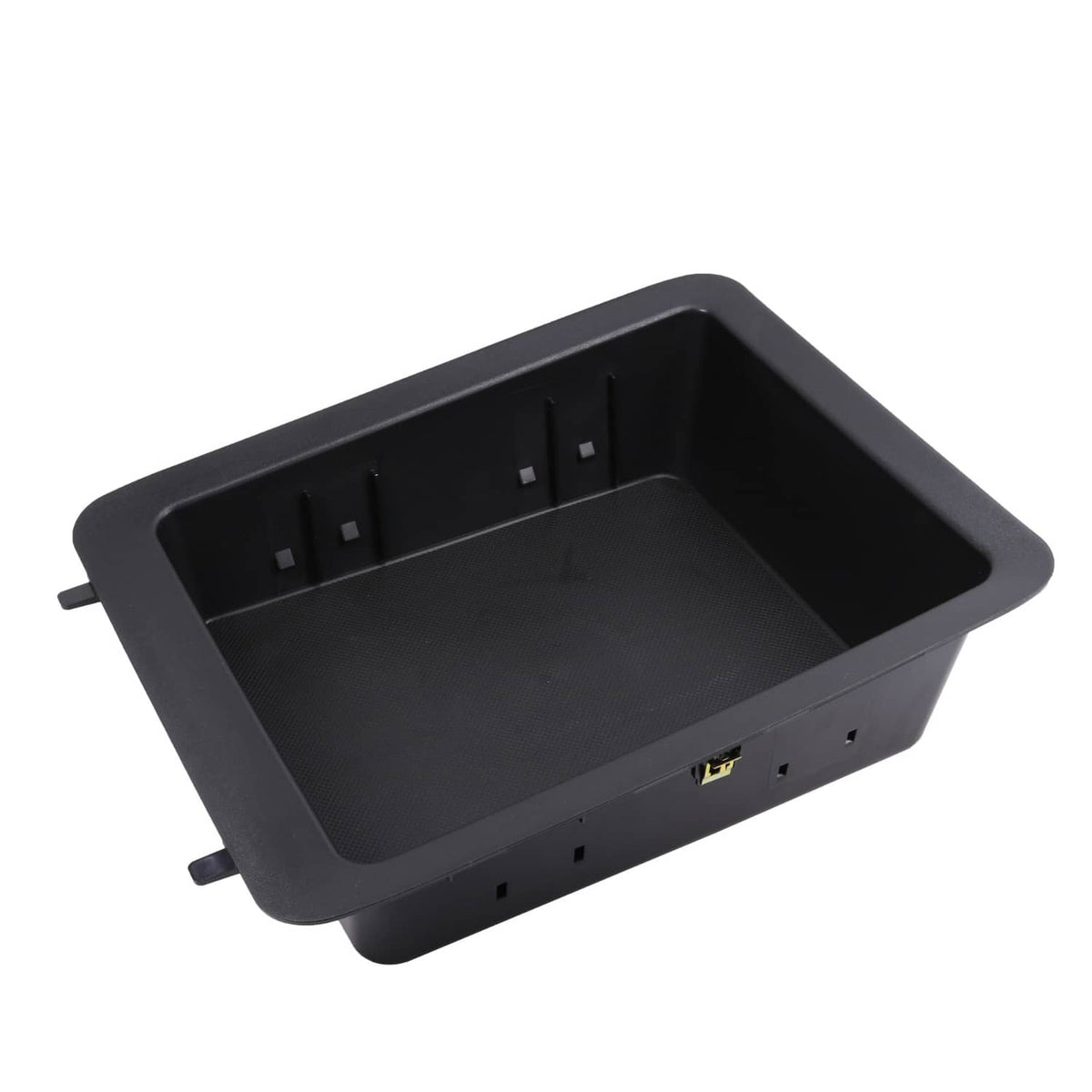 Black plastic center console tray insert with mounting tabs and side outlets