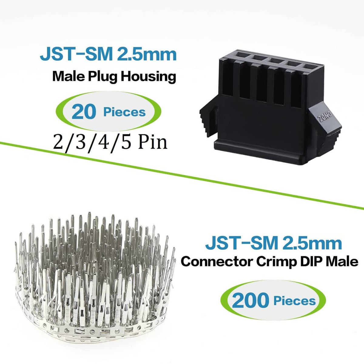Black 2/3/4/5-pin JST-SM 2.5mm male plug housing with pin header
