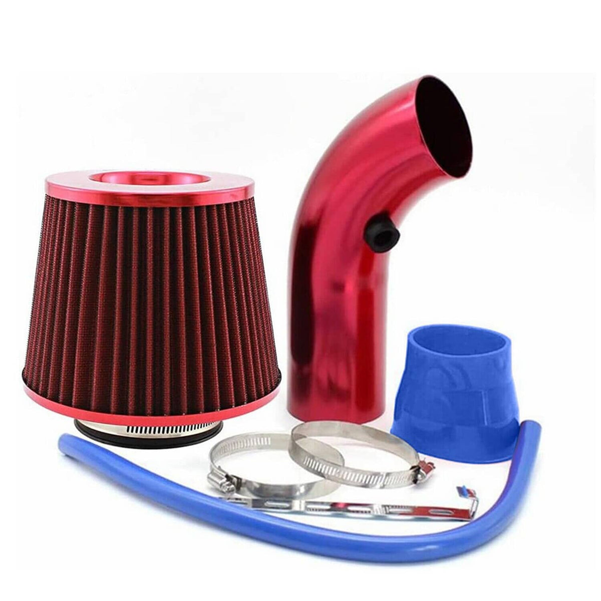 Cold air intake filter induction kit: red cone air filter, red intake pipe, blue hoses