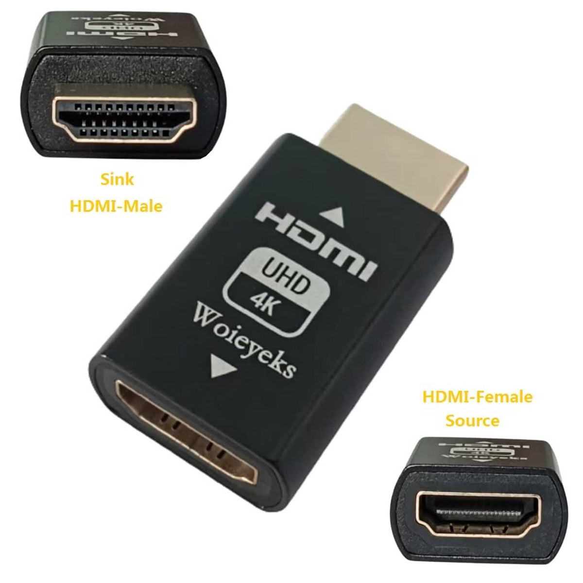Black HDMI EDID emulator adapter showing HDMI female and HDMI male ports