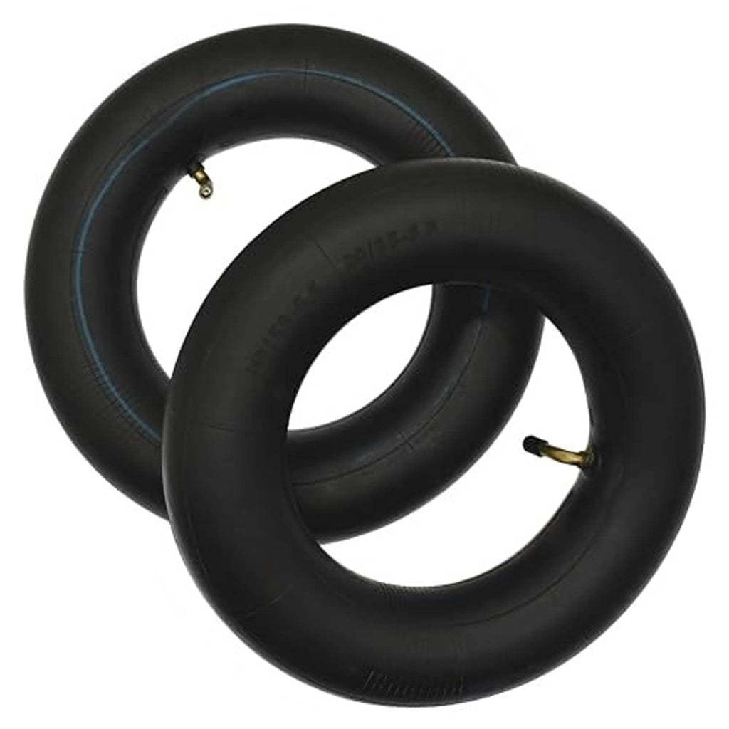 Two black inner tubes with brass TR87 bent valve stems; compact 90/65-6.5 fit.