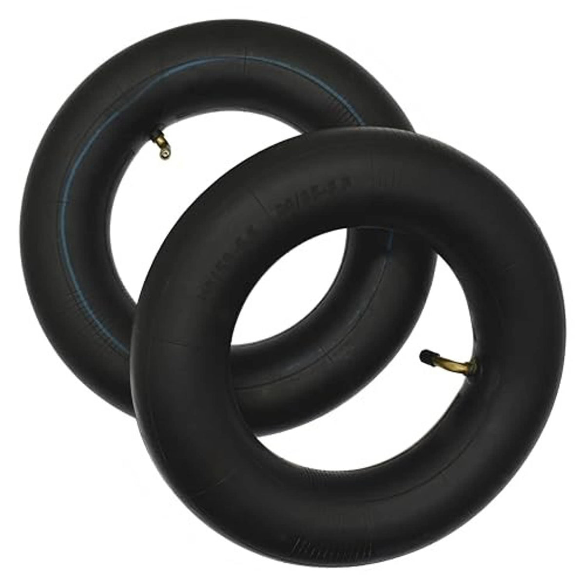 Two black inner tubes with brass TR87 bent valve stems; compact 90/65-6.5 fit.