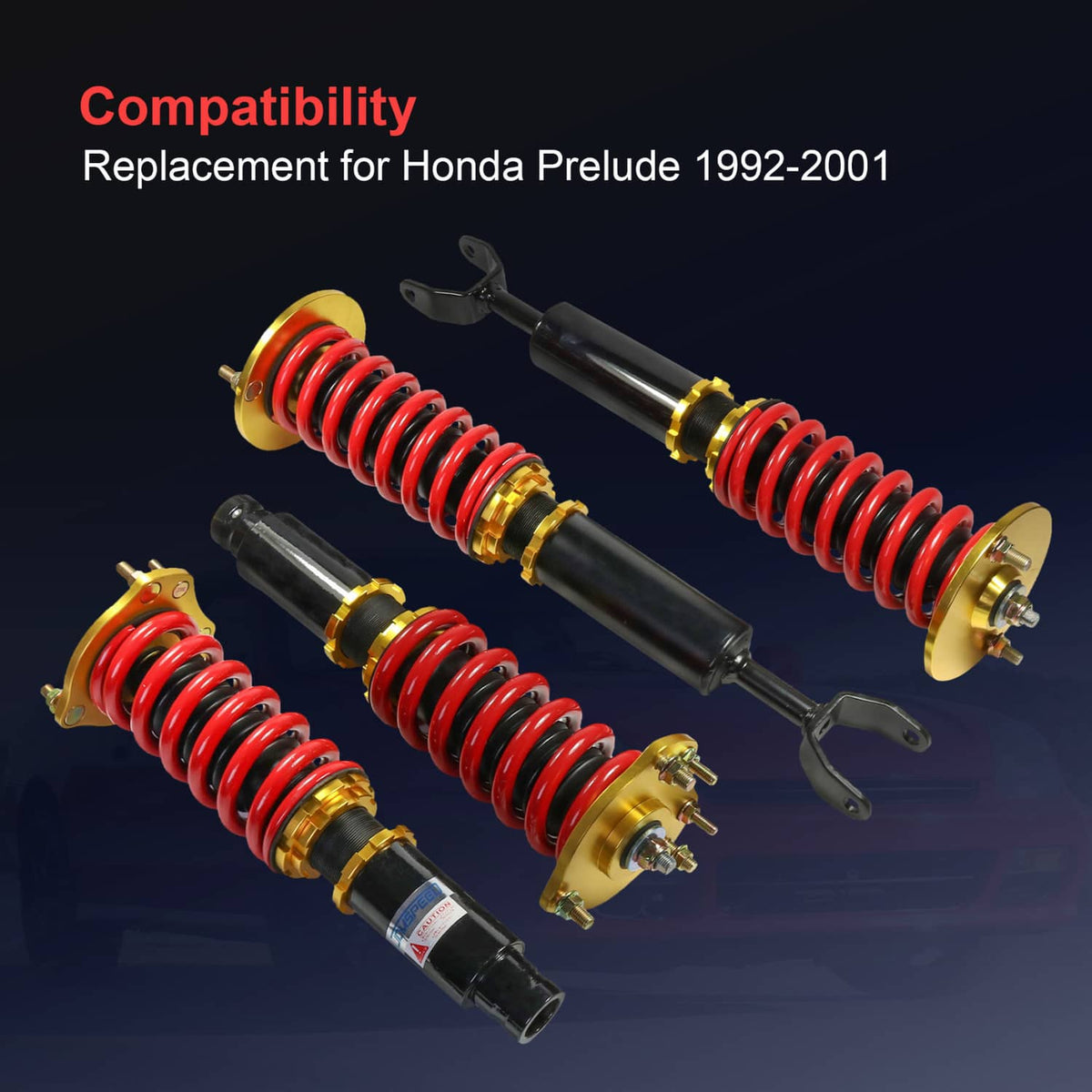 Four coilover suspension struts with red springs, black shocks, and gold mounting plates