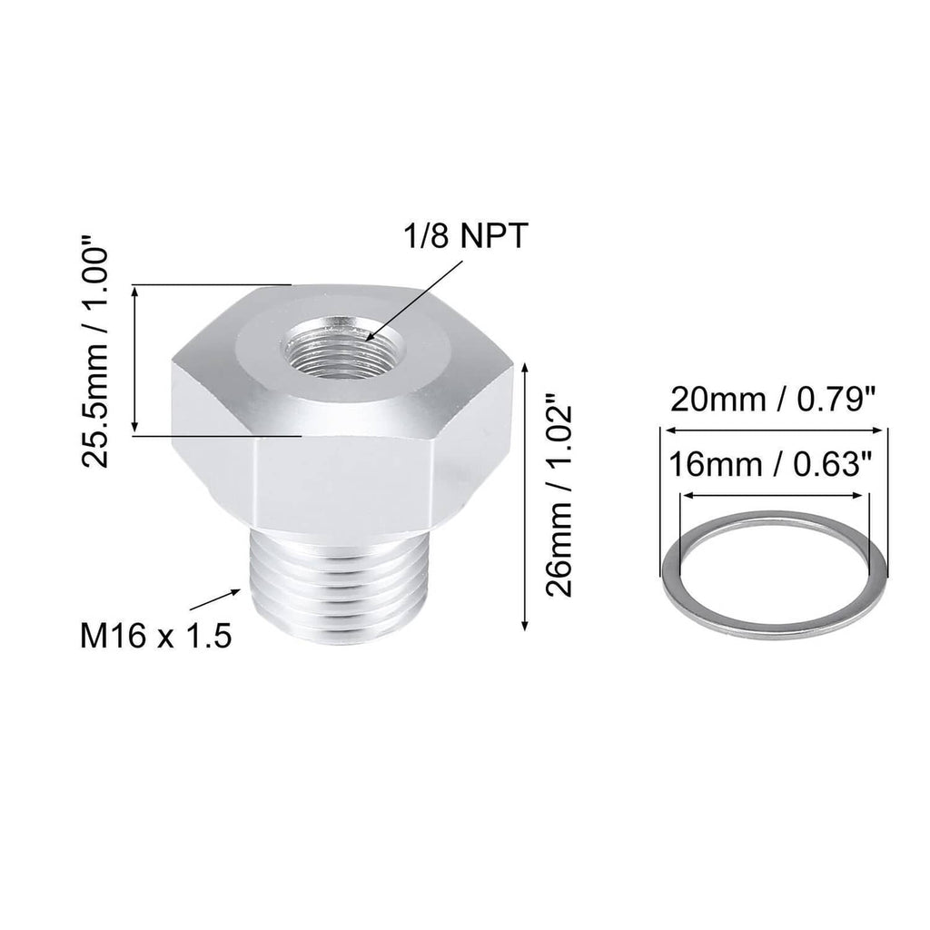 Oil pressure sensor adapter with M16x1.5 male threads, 1/8 NPT, includes sealing washer