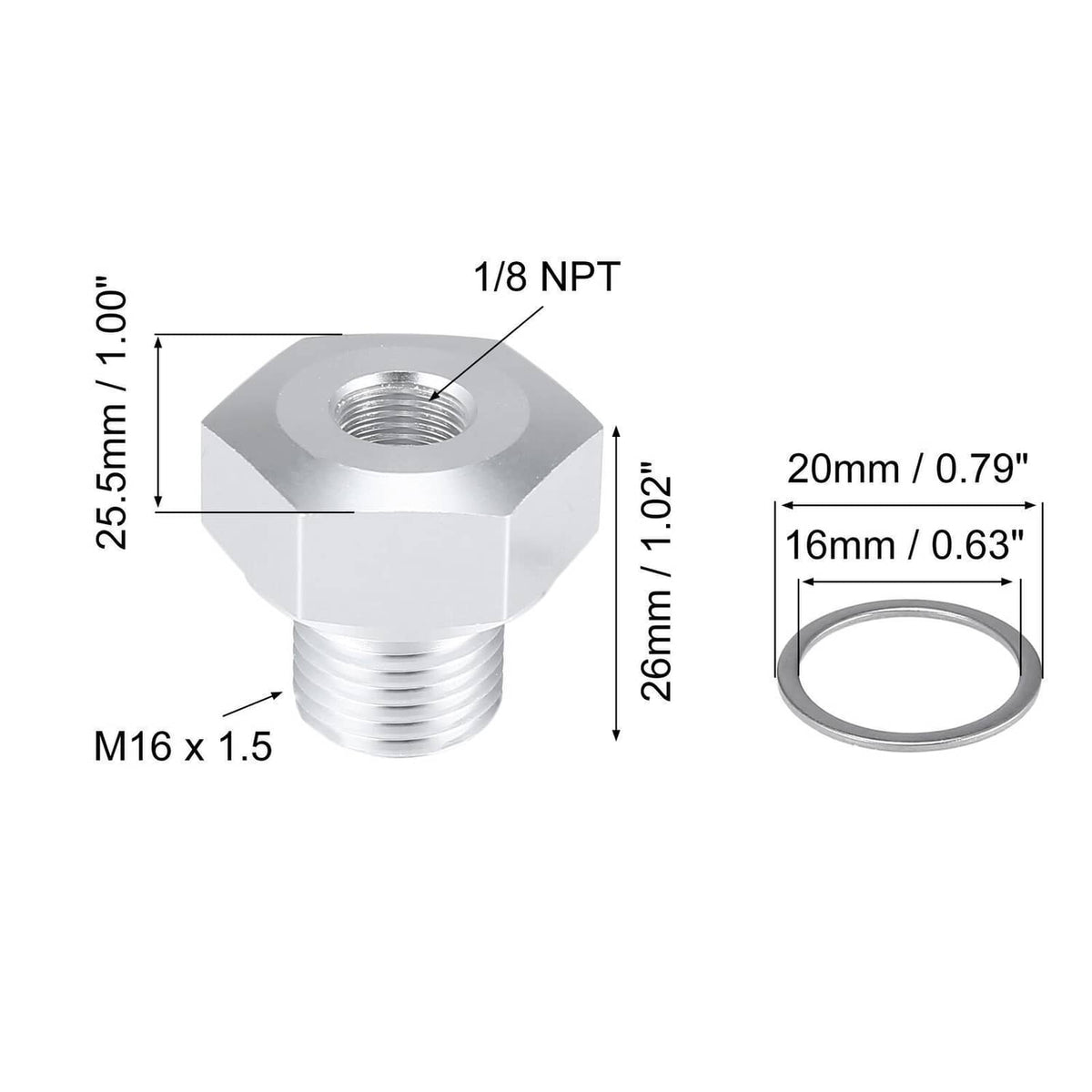 Oil pressure sensor adapter with M16x1.5 male threads, 1/8 NPT, includes sealing washer
