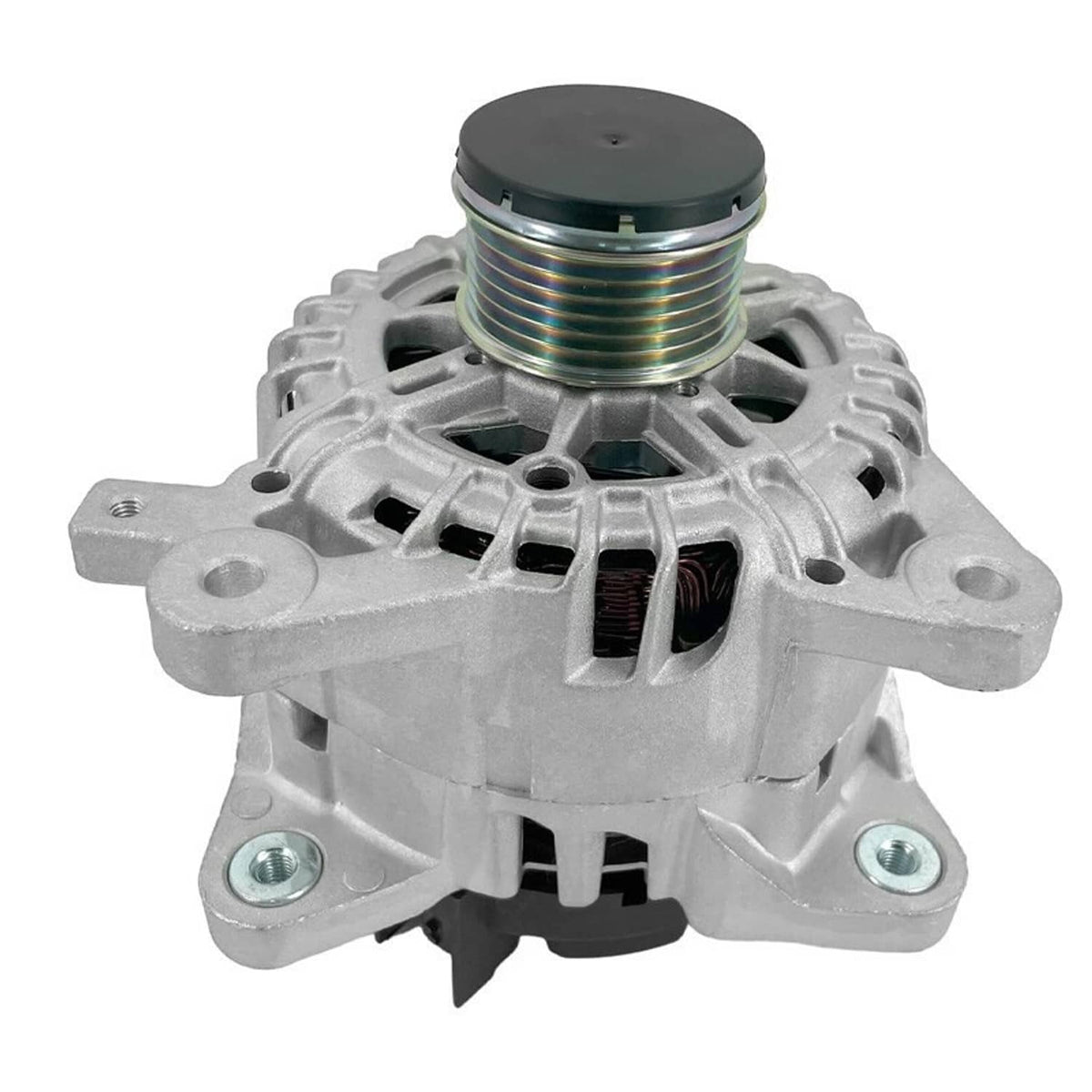 Silver alternator with top pulley and mounting tabs, front view