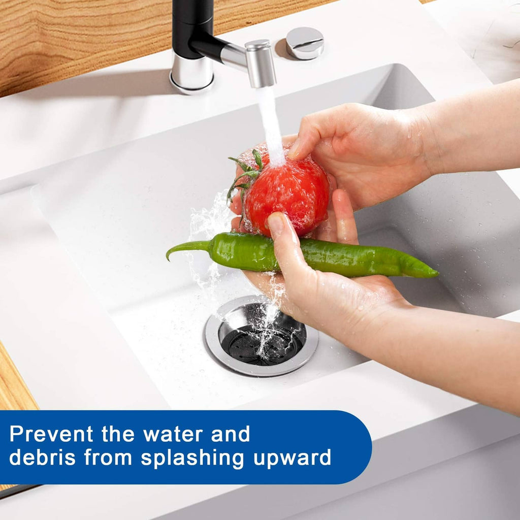 Black splash guard collar baffle in sink drain preventing upward splashes