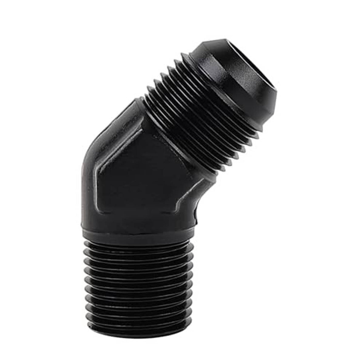 45-degree 10AN to 1/2 NPT male adapter fitting, black, angled close-up
