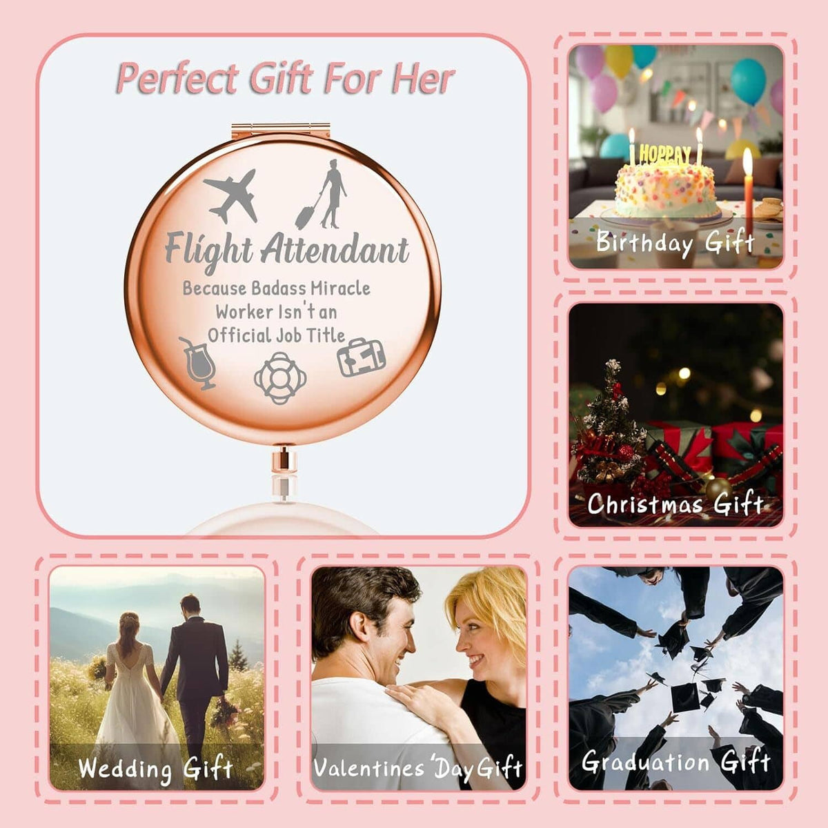 Rose-gold round makeup mirror compact shown in a gift card layout for her.