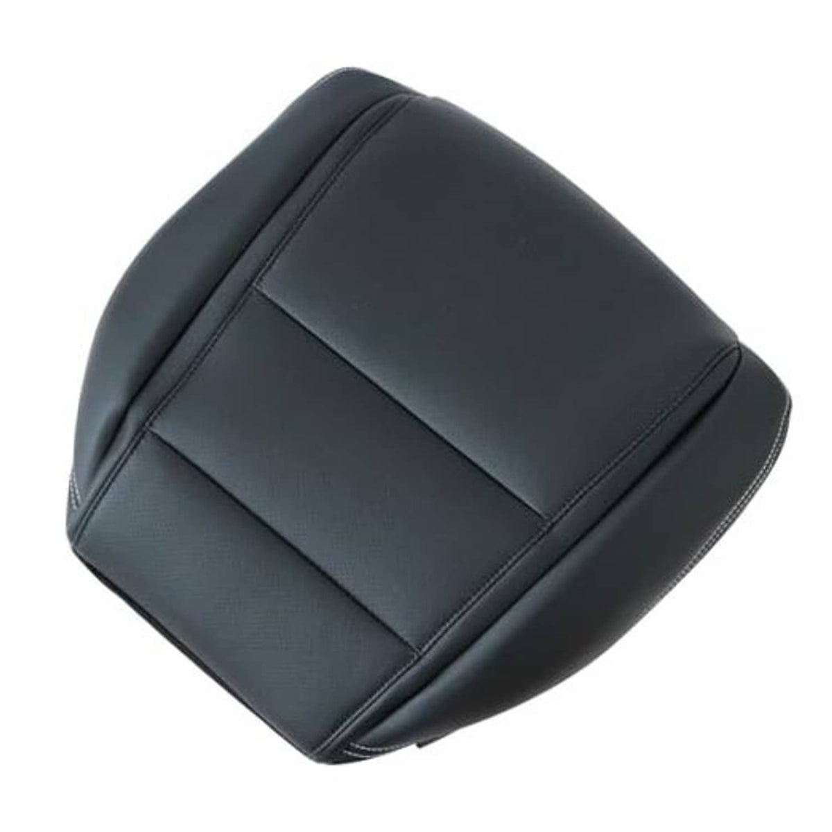 Black leather seat cover with stitched panel seams on a curved cushion