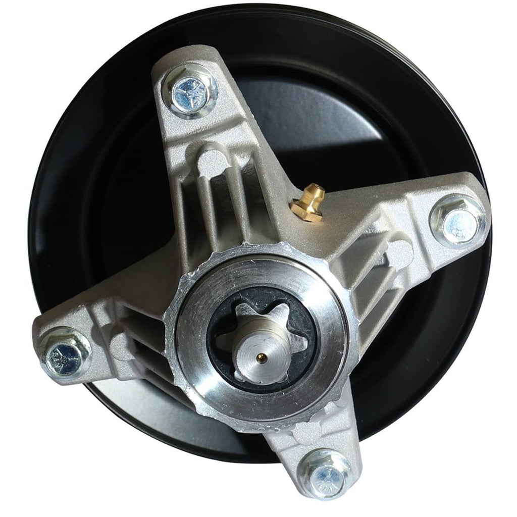 Spindle assembly close-up showing black pulley, silver arms, and bolt mounting holes