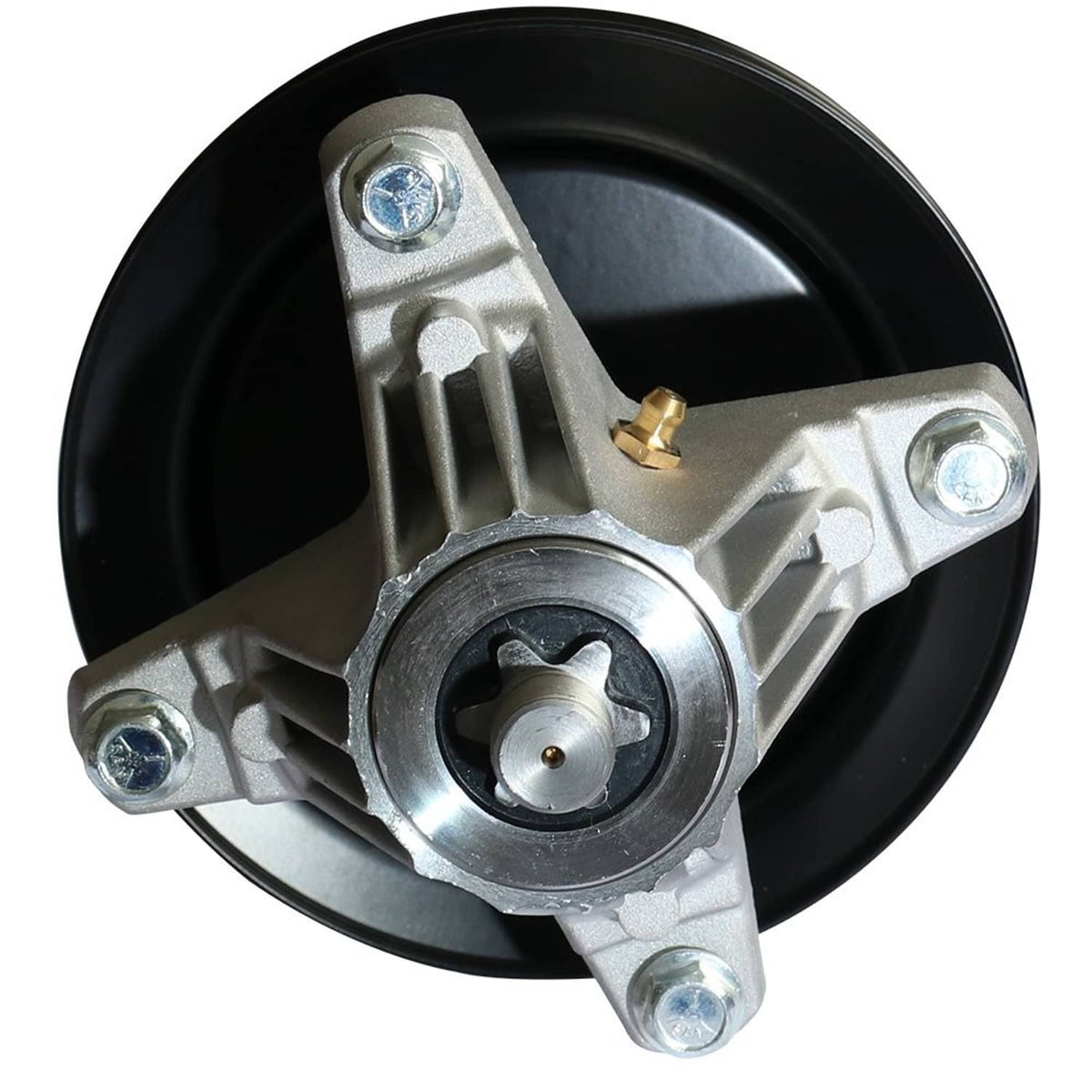 Spindle assembly close-up showing black pulley, silver arms, and bolt mounting holes