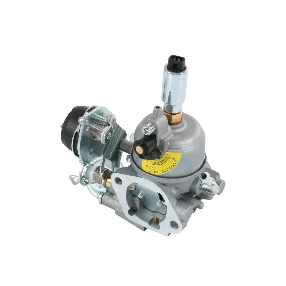 RV generator carburetor with electrical connector port and fuel inlet, metal body