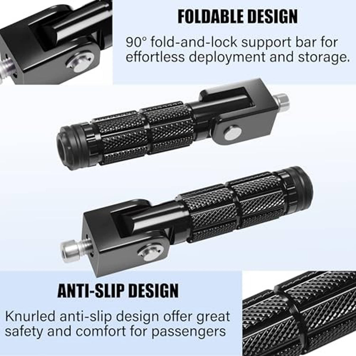 Black foldable motorcycle foot peg with knurled grip and 90-degree support arm