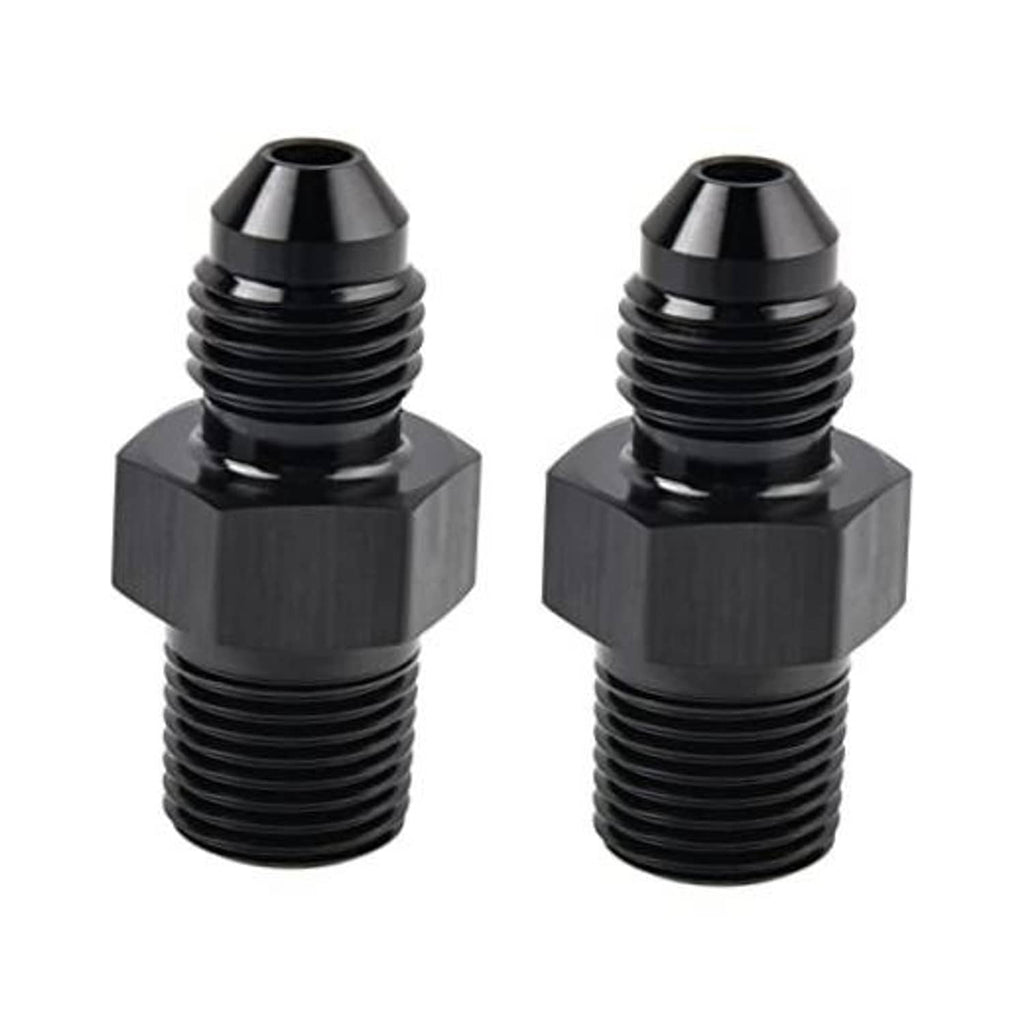 Black AN flare to 1/8 NPT straight adapter fitting with ridged threaded ends