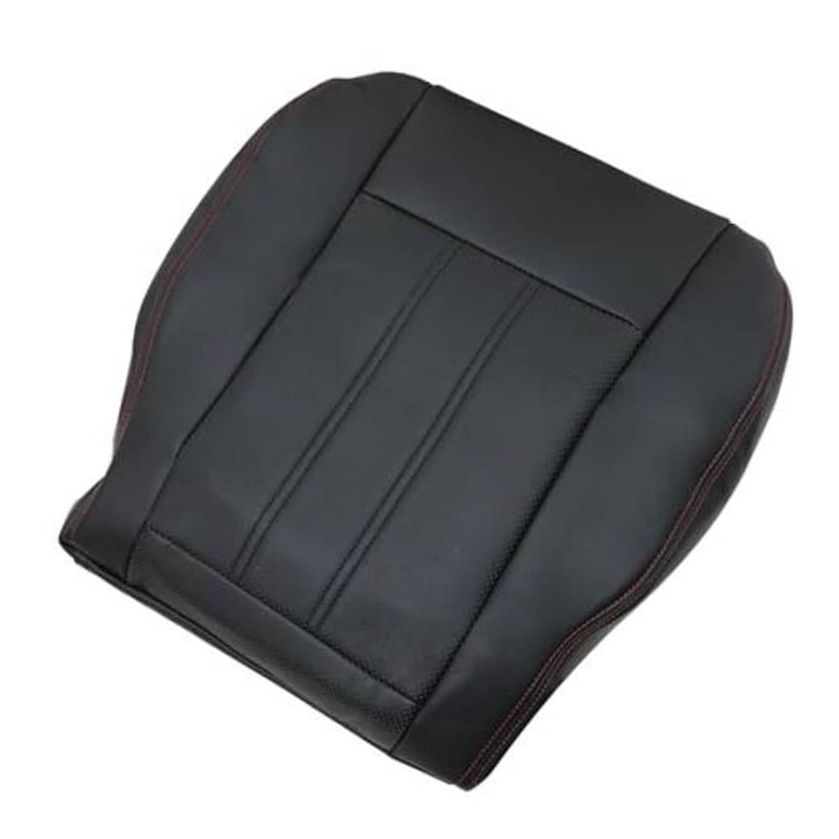 Black leather front seat bottom cover with red stitching and stitched panel lines