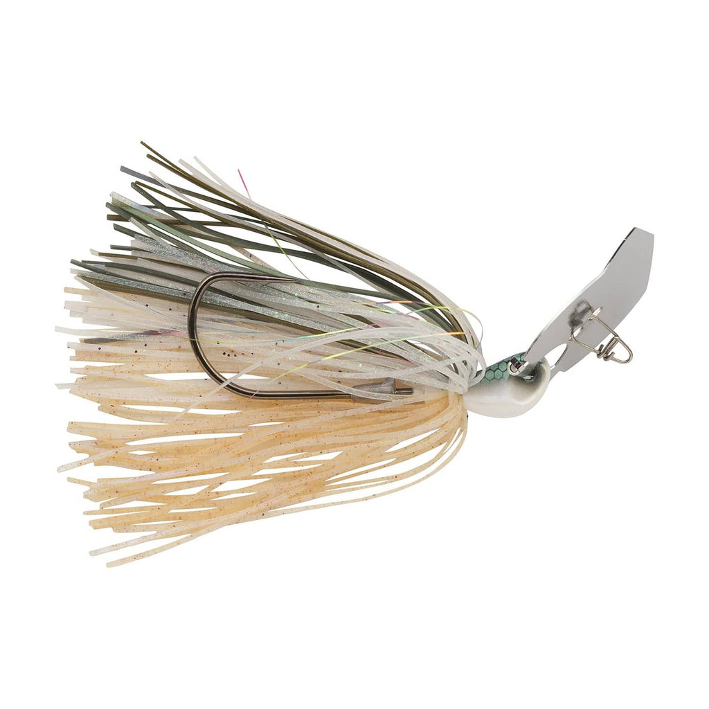 Bladed fishing jig with brown and clear skirt strands, silver blade, dark hook