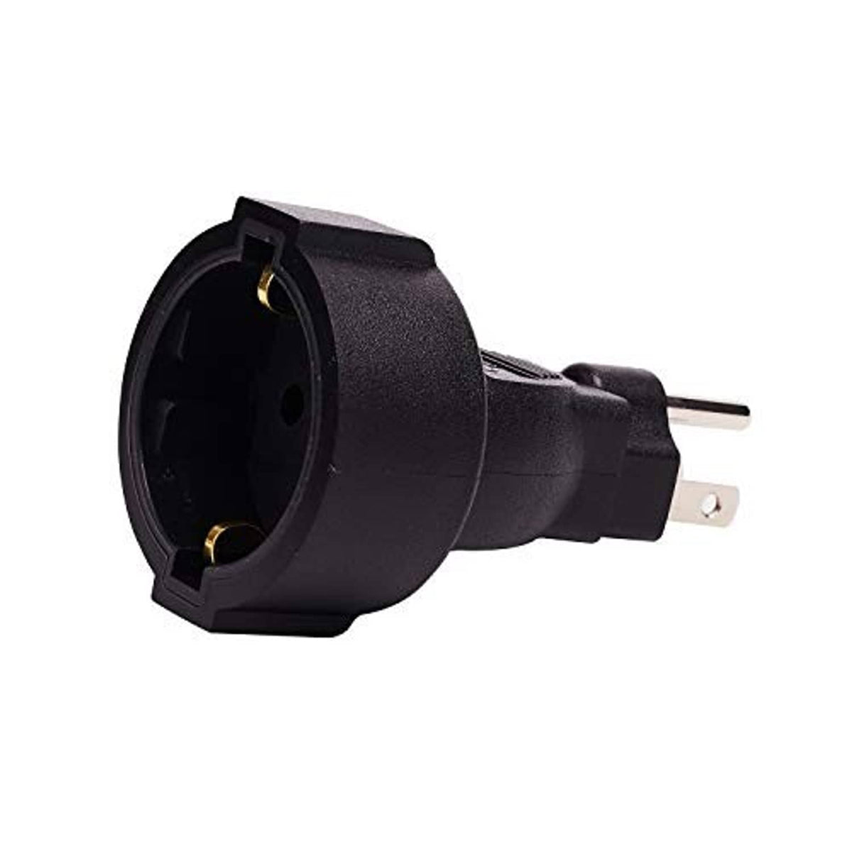Power adapter with Schuko female outlet, black housing and socket opening