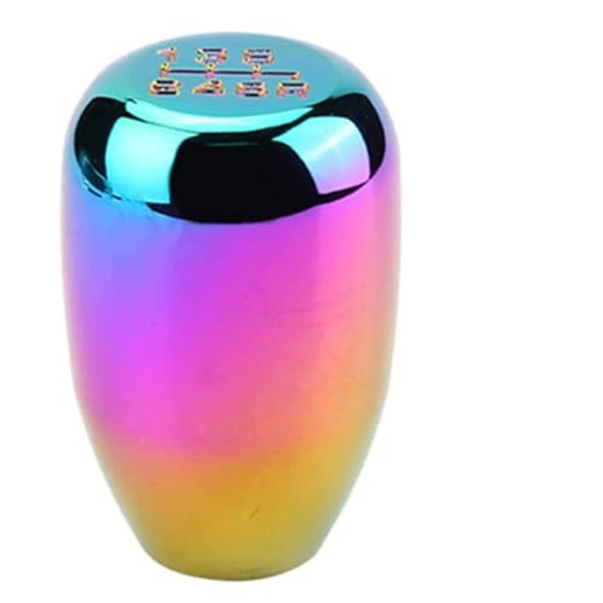 Rainbow metallic gear shift knob with glossy black center and gear-number icon top
