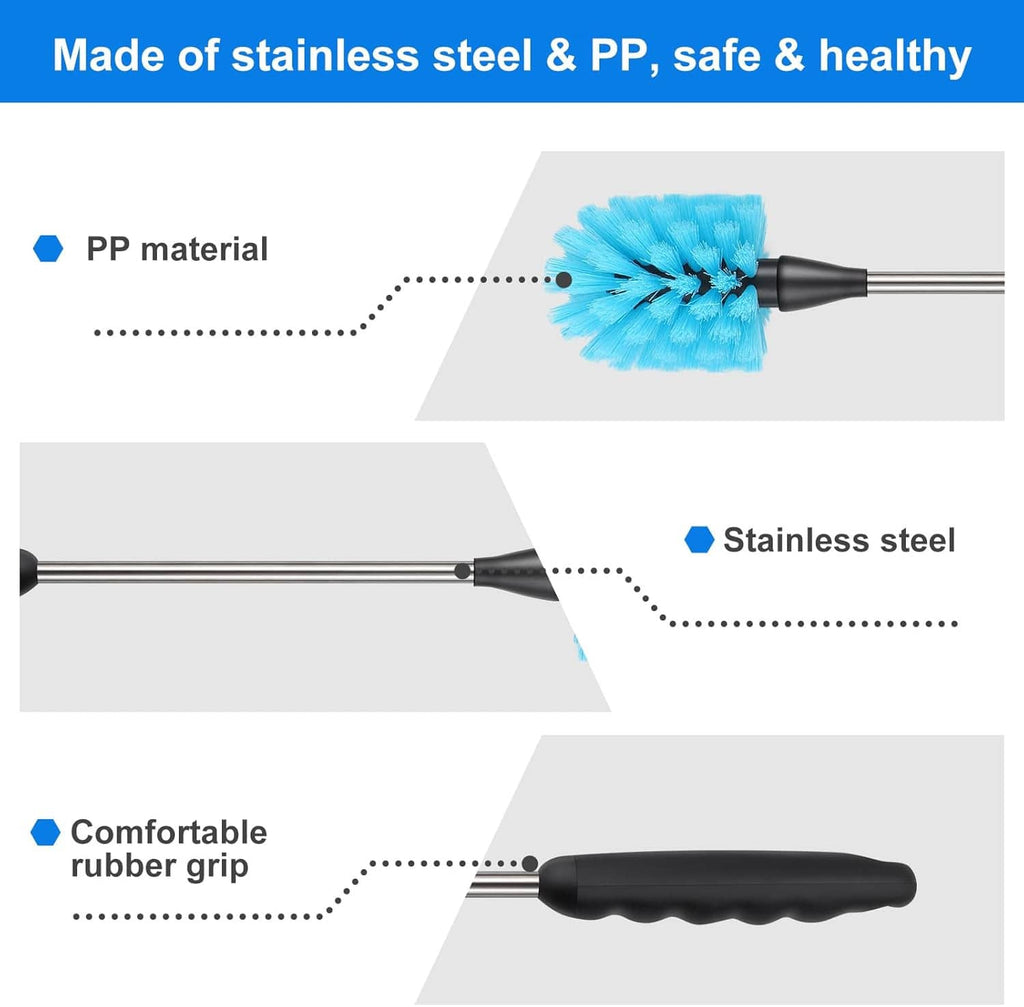 Bottle cleaning brush materials diagram showing stainless steel rod and blue nylon bristles