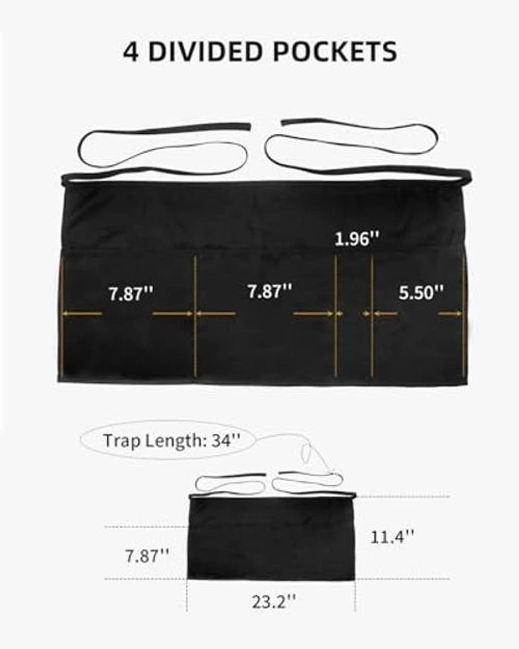 Black apron with four divided pockets, size diagram shows 23.2 in width and 11.4 in length