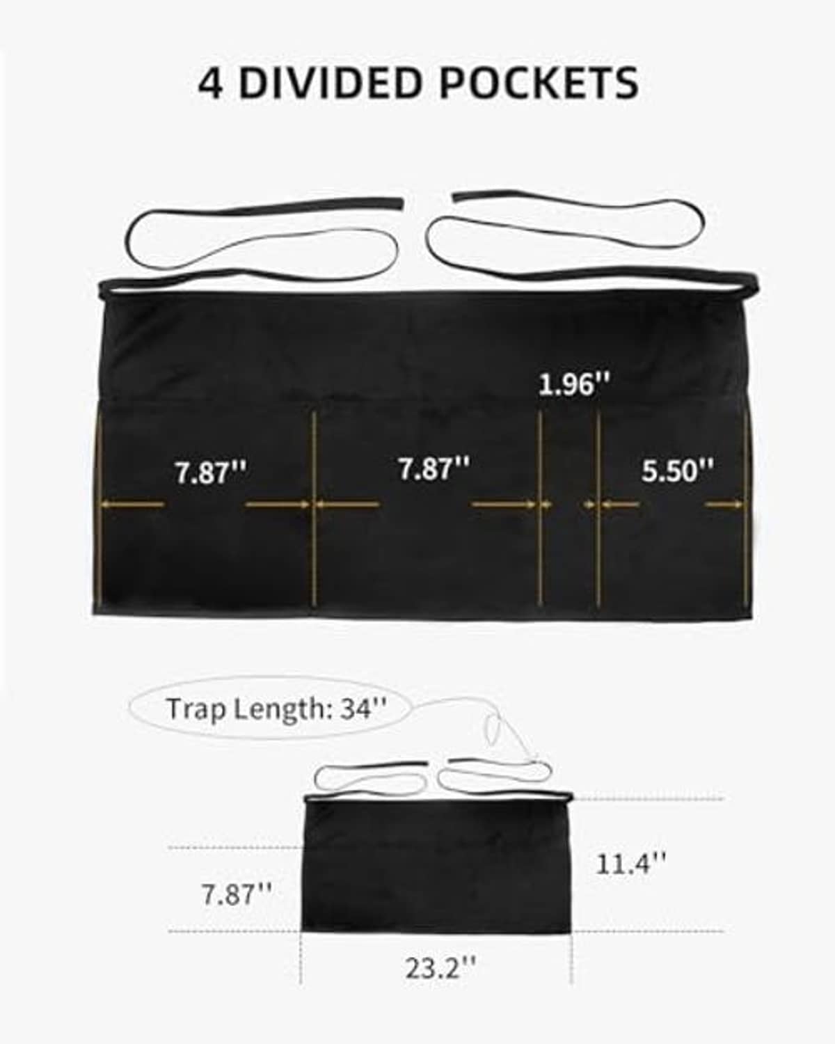 Black apron with four divided pockets, size diagram shows 23.2 in width and 11.4 in length