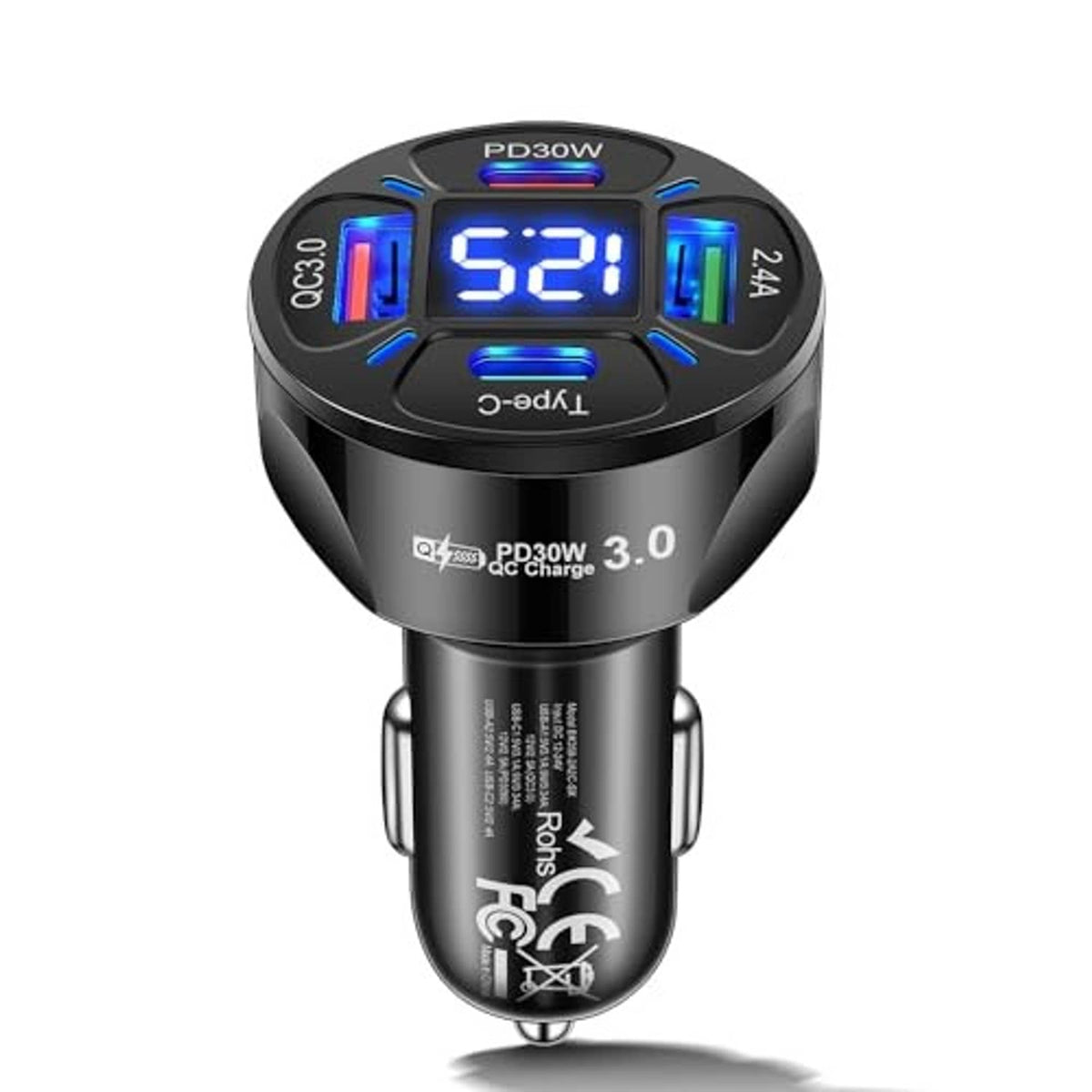 Black car USB-C multi-port charger with 4 ports and voltmeter LED screen, angled view