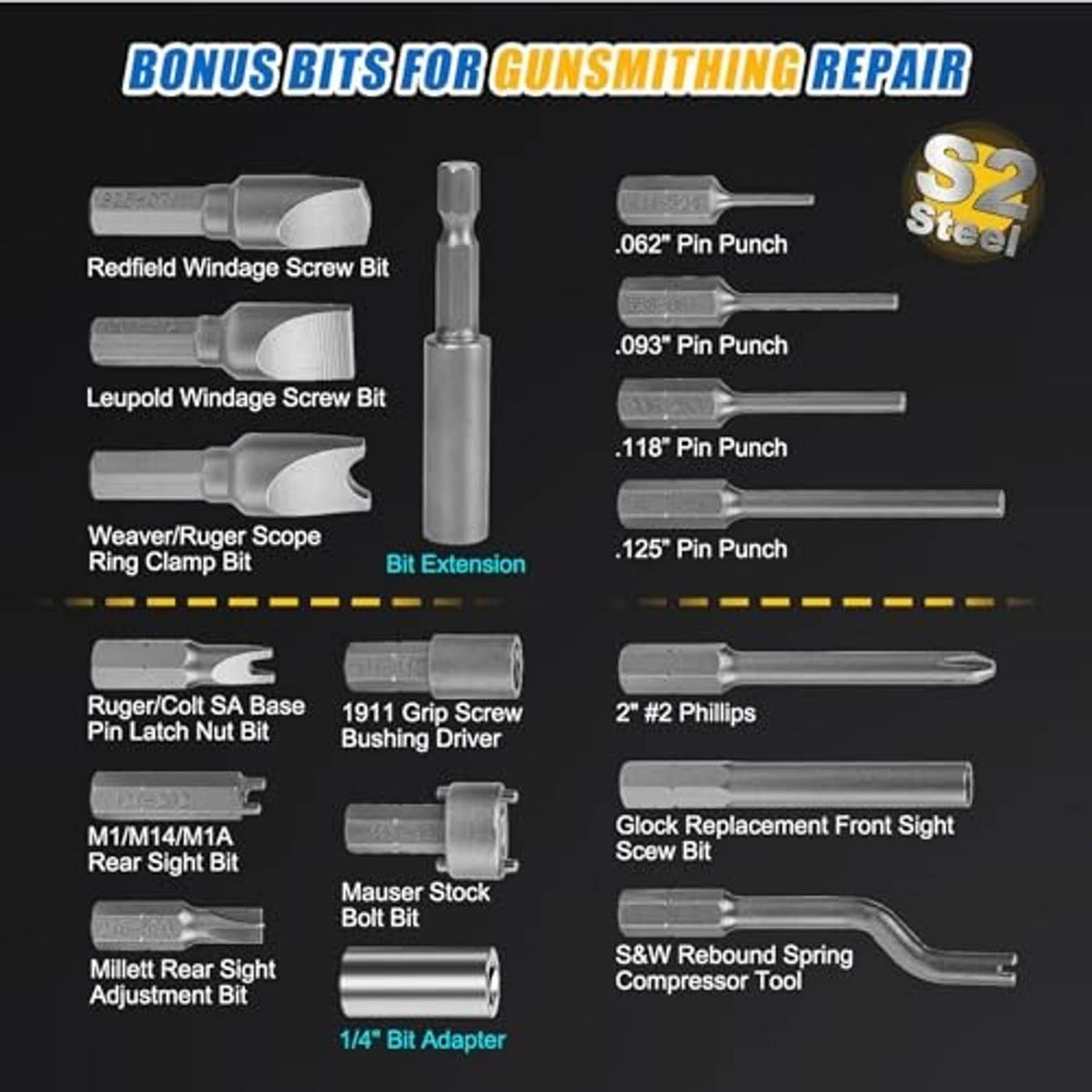Assorted metal gun-repair bits and pin punches, including S2 steel pieces