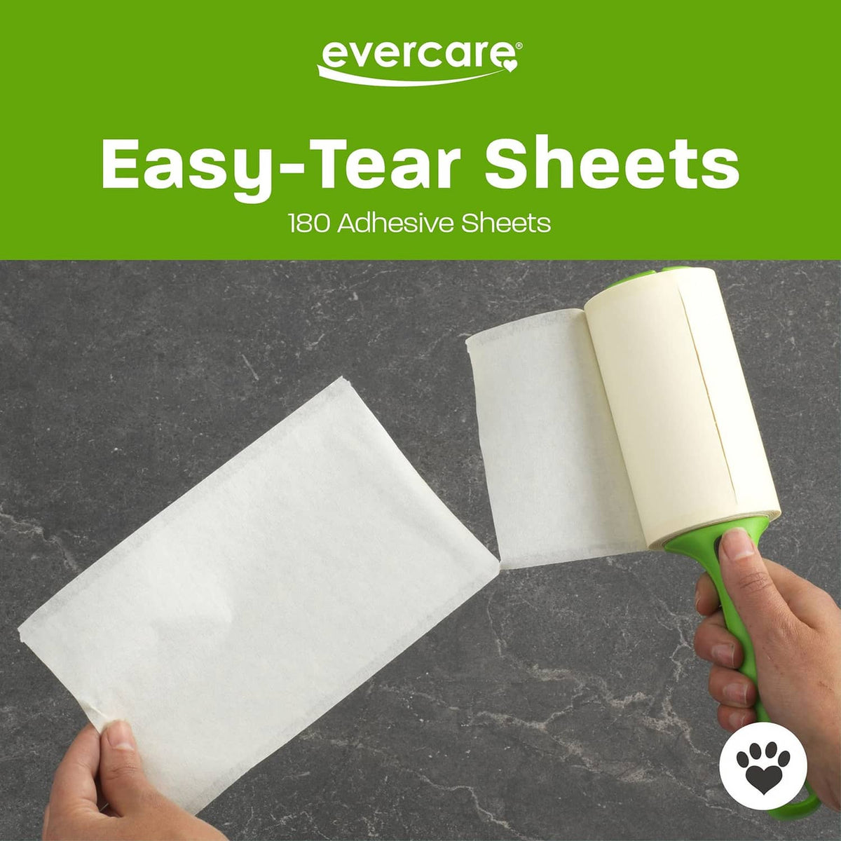 Evercare Easy-Tear sheets roll with adhesive sheets and green lint roller handle.