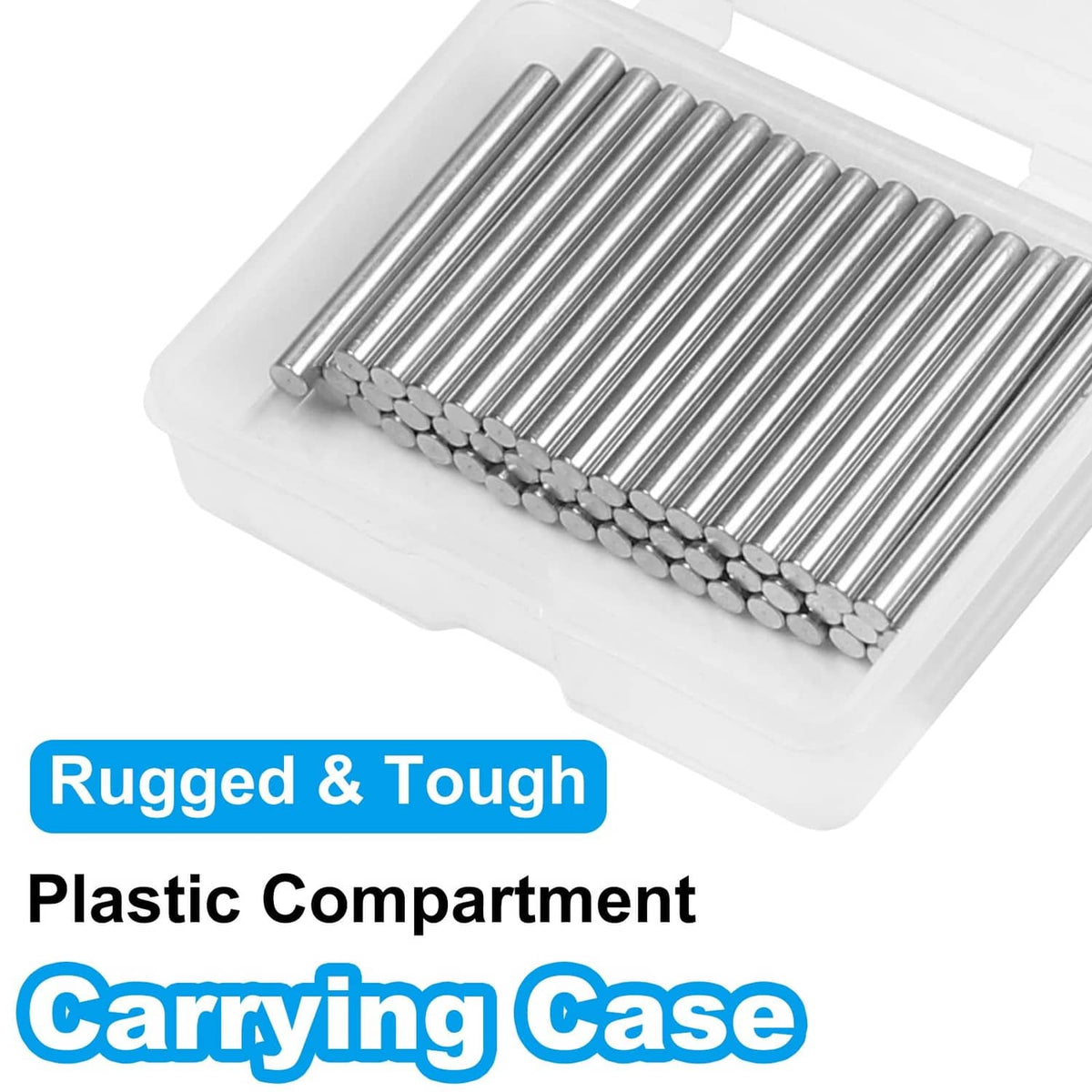 Stainless steel shelf dowel pins, silver 25mm length, in a carrying case